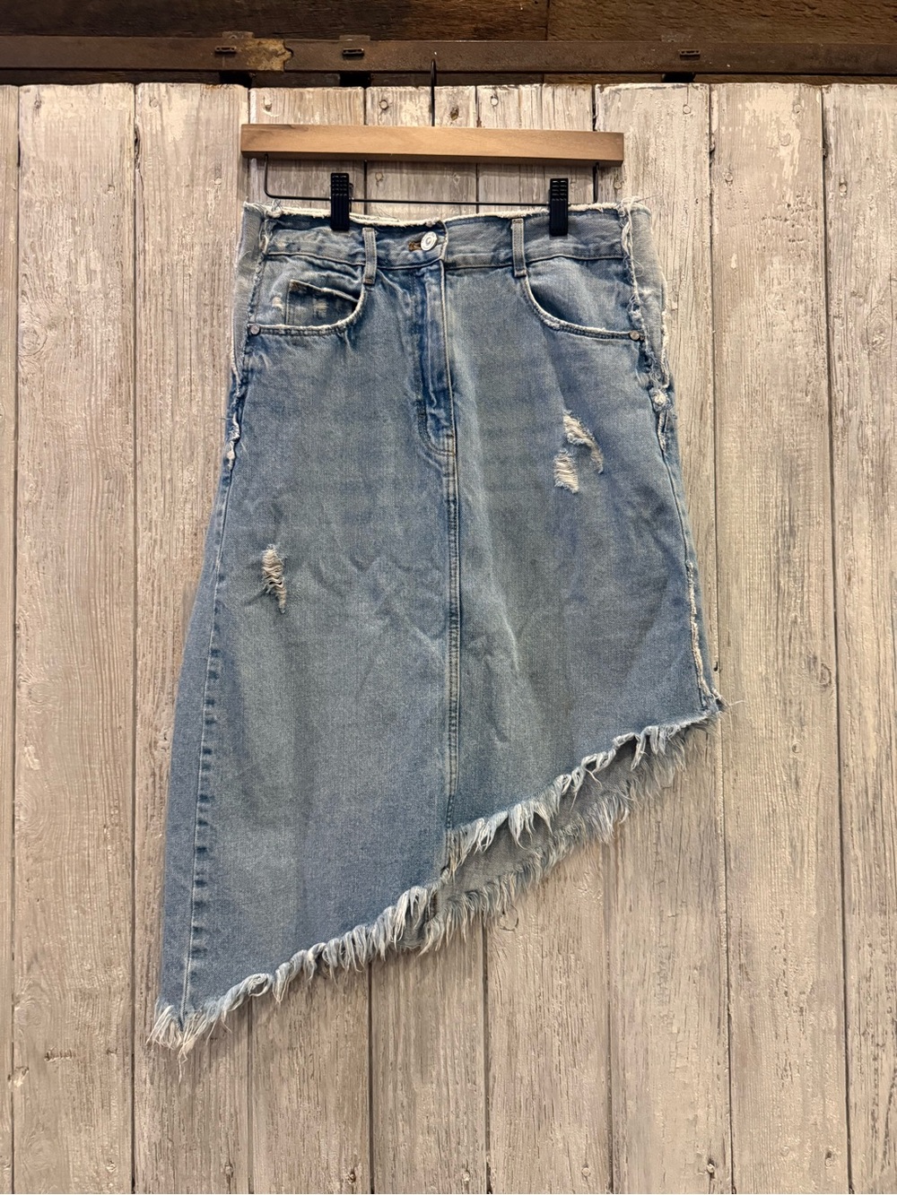 Zara Light Blue Asymmetrical Distressed Denim Skirt